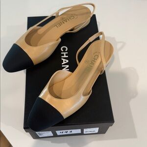 CHANEL Beige and Black Slingback Heels